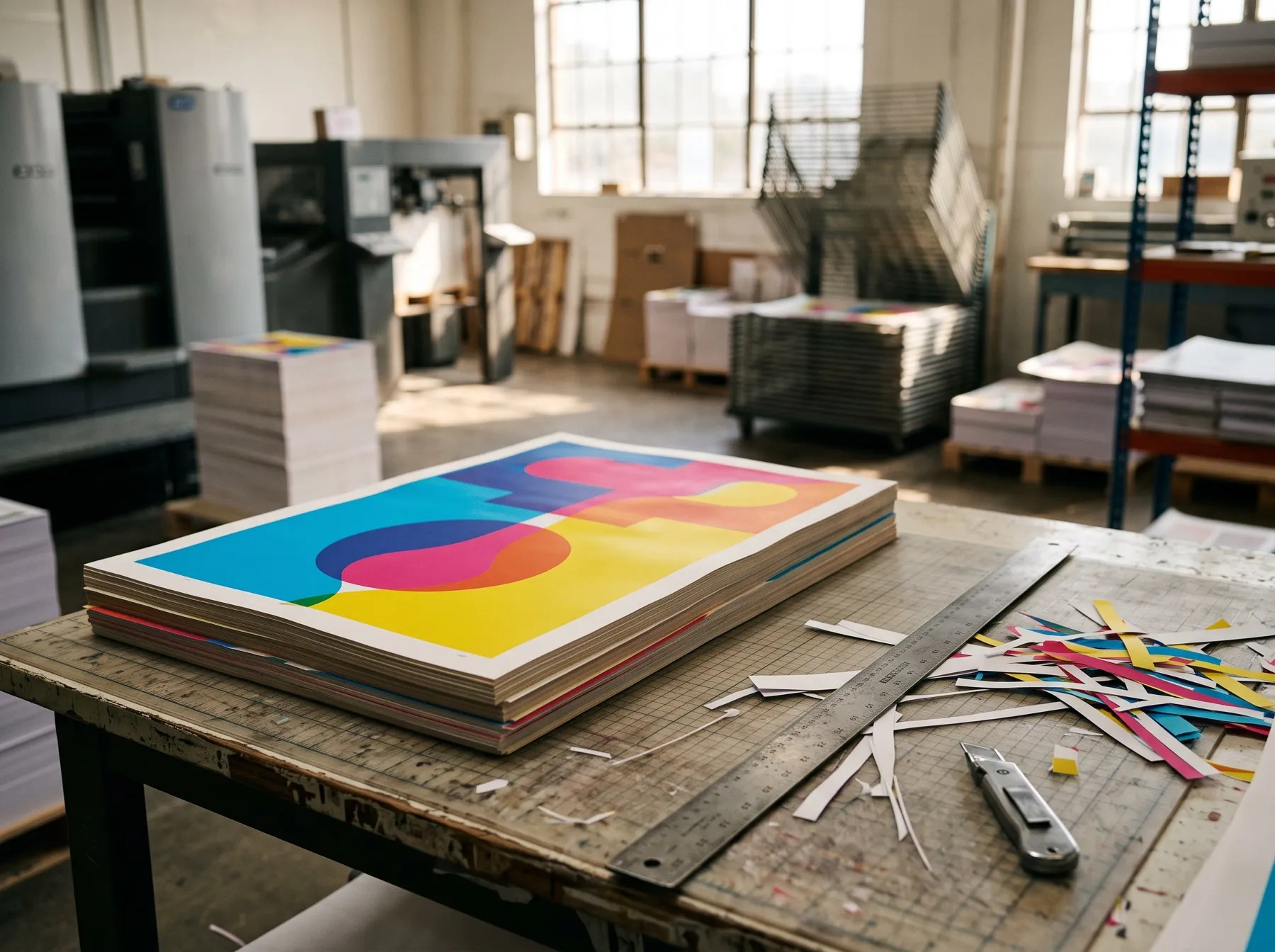 Pila de carteles a todo color recién impresos sobre la mesa de corte