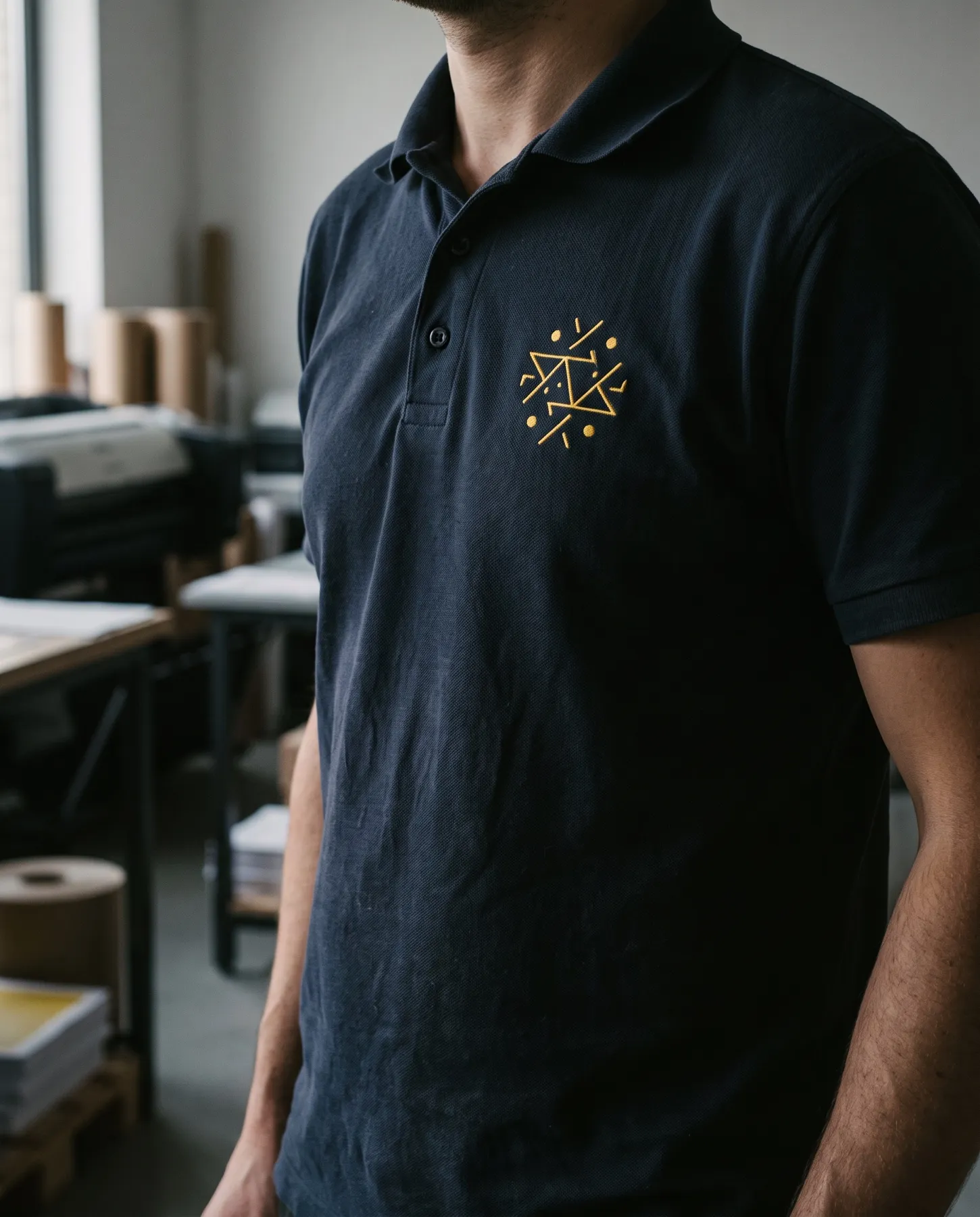 Polo de trabajo azul marino con un emblema bordado en el pecho