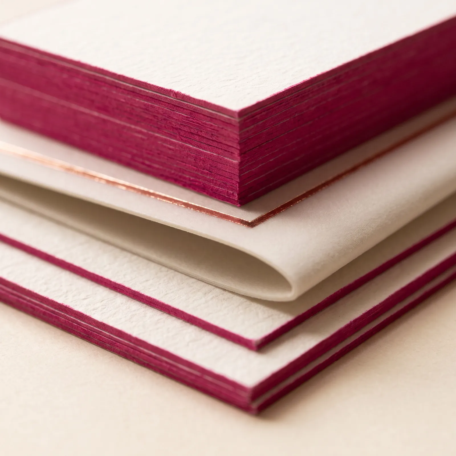 Tarjetas y papelería con cantos pintados en magenta