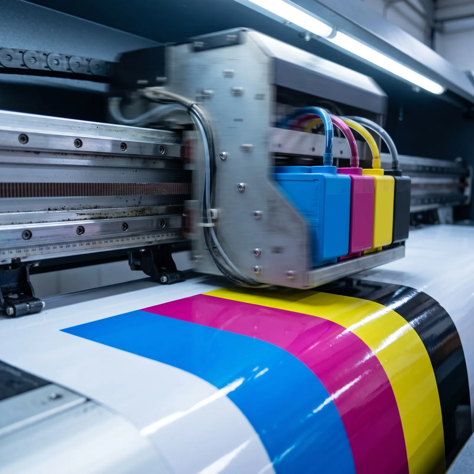 Cabezal del plóter con los cartuchos de tinta CMYK