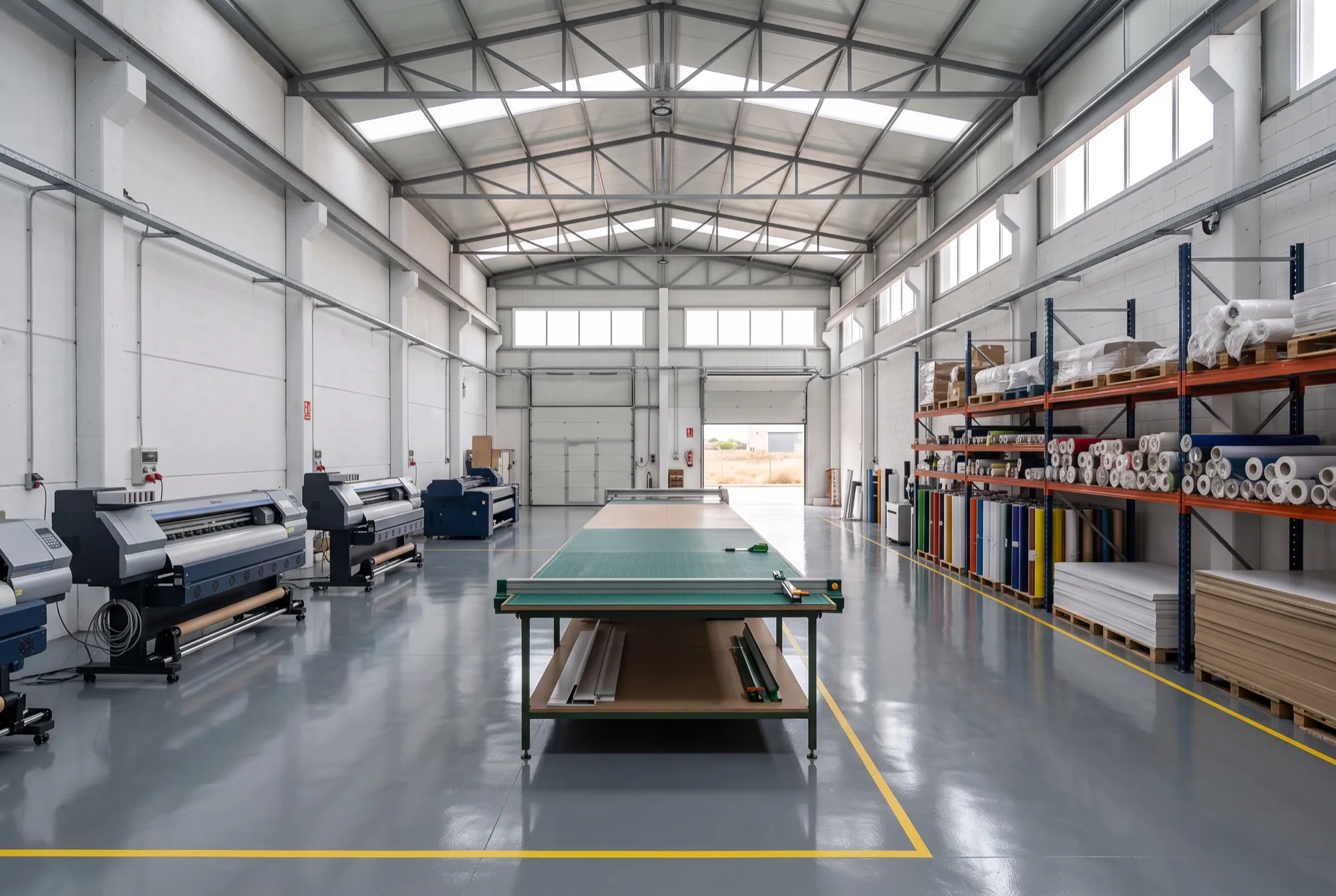 Interior de la nave nueva: impresoras de gran formato, mesa de corte y estanterías de material