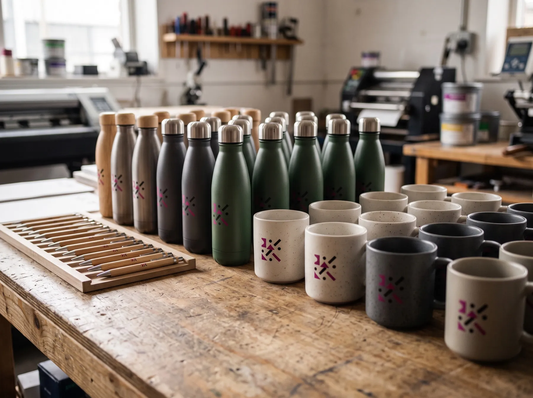 Botellas, tazas y bolígrafos personalizados en fila sobre el banco del taller